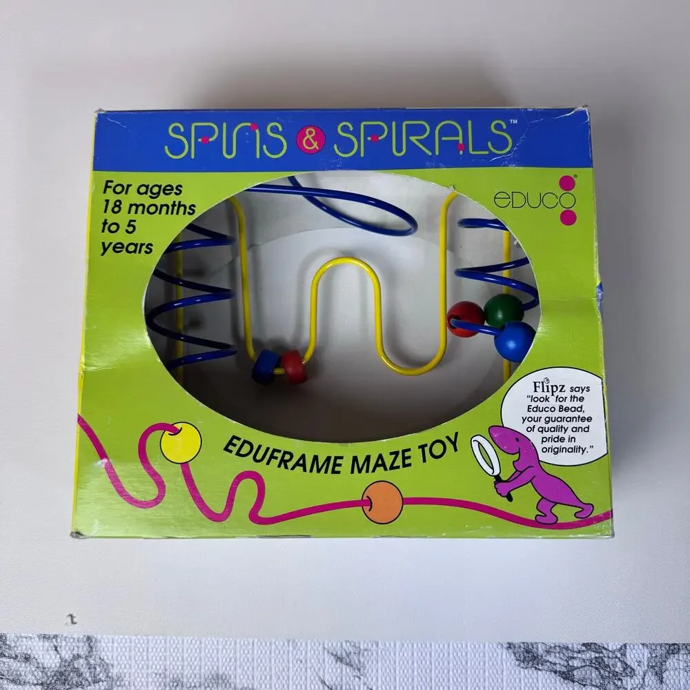 Vintage Educo Spins & Spirals Mini-Size Eduframe Wooden Bead Wire Maze Toy NIB